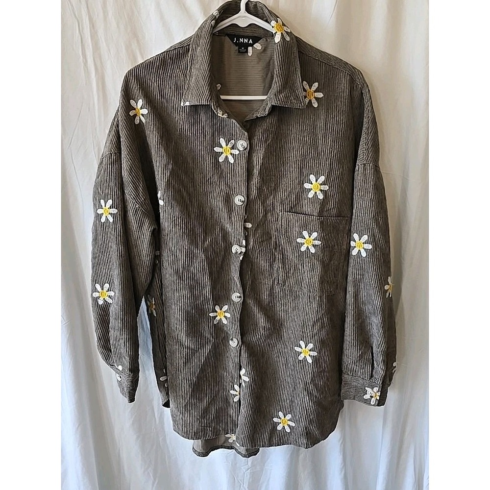 J.NNA Corduroy Embroidered Daisies Button-Up Long Sleeve Oversized Shirt‎ Sz M